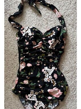 Esther Williams Black Floral Halter One-Piece Swimsuit - Pink & White Blossoms